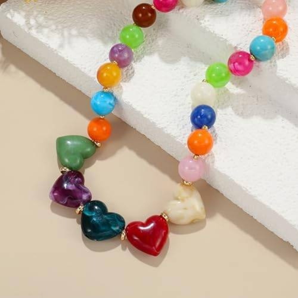 Multi Color Beaded Heart Charm Necklace Y2K Kidcore Chunky Statement Jewelry